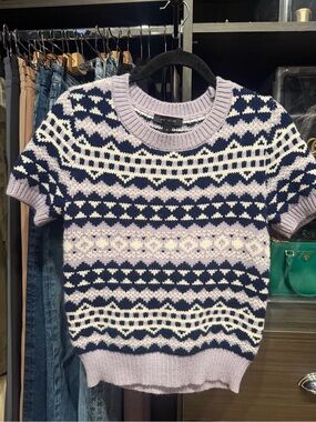 Ann Taylor Lavender, Navy & White Fair Isle Short-Sleeve Sweater